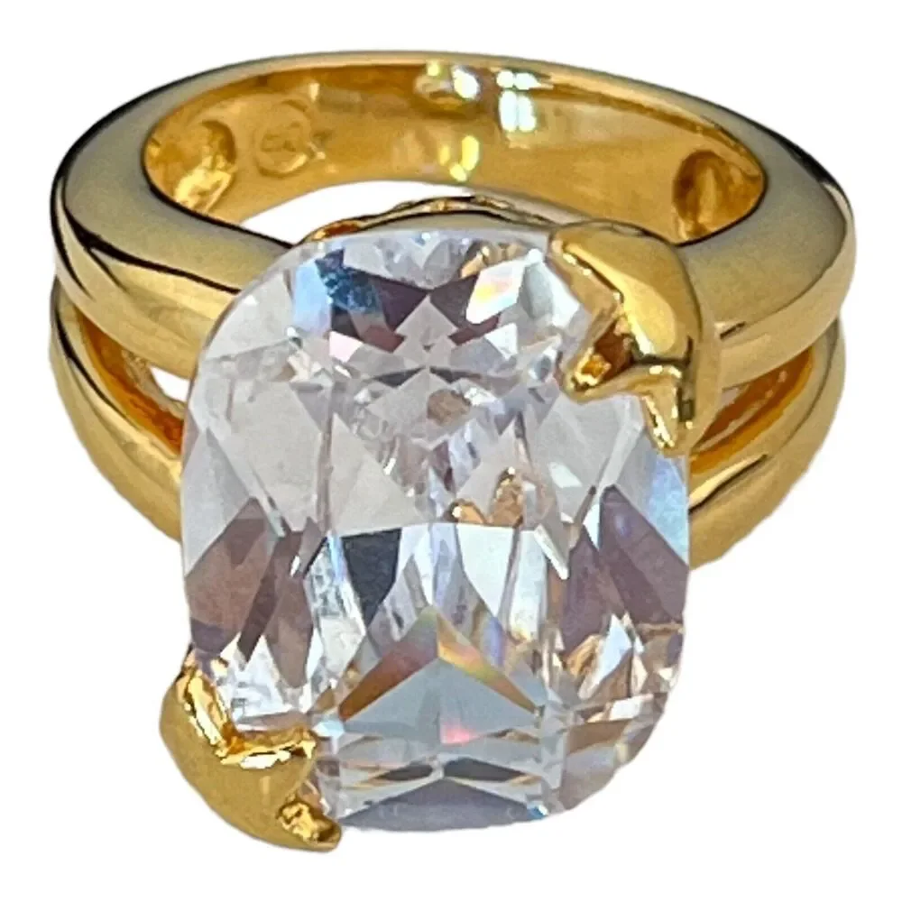 New Gold Tone Cubic Zirconia Ring Large Oval Cocktail Statement Size 5 - 5K